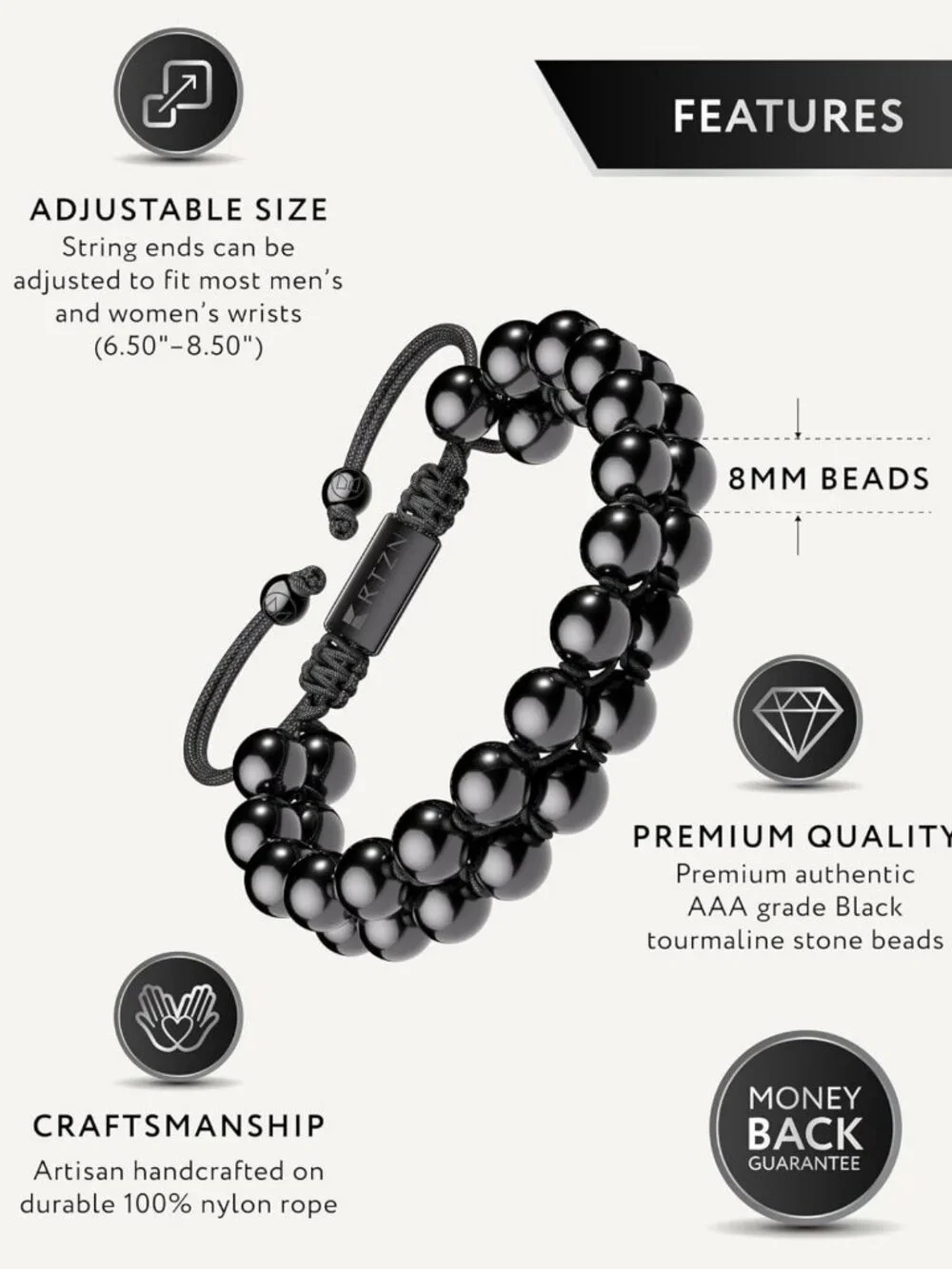 Handcrafted Black Tourmaline Bracelet for Men - Adjustable 8MM Beaded Jewelry